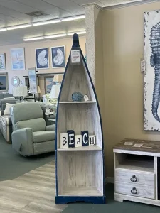 Beach style white and blue decrative canoe shelf