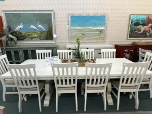 coastal style large white dining table with 10 charis